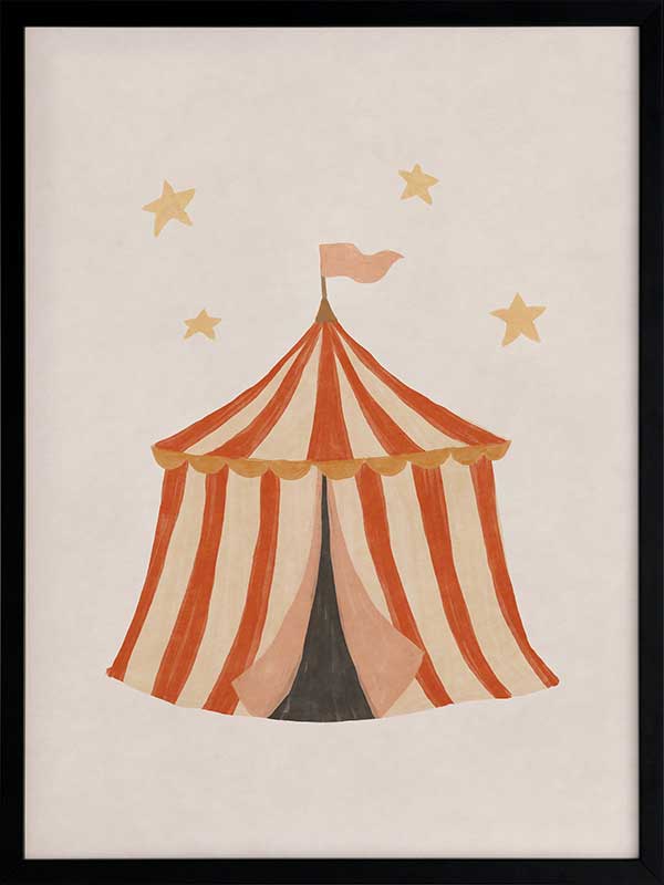 Striped circus tent with stars and a little flag rendered in soft neutral orange tones, from the Little Tails Collection by Urban Road.
