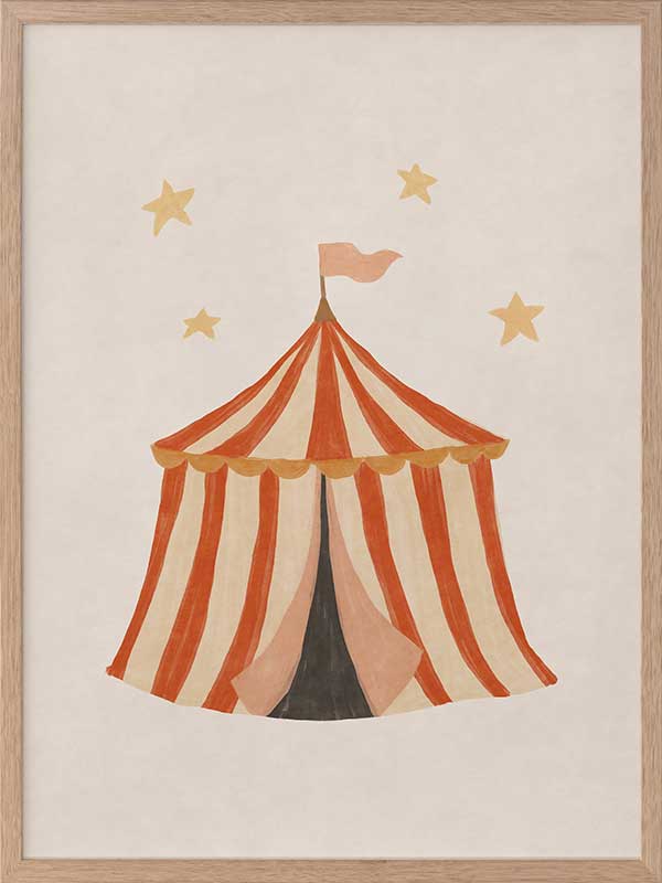Striped circus tent with stars and a little flag rendered in soft neutral orange tones, from the Little Tails Collection by Urban Road.
