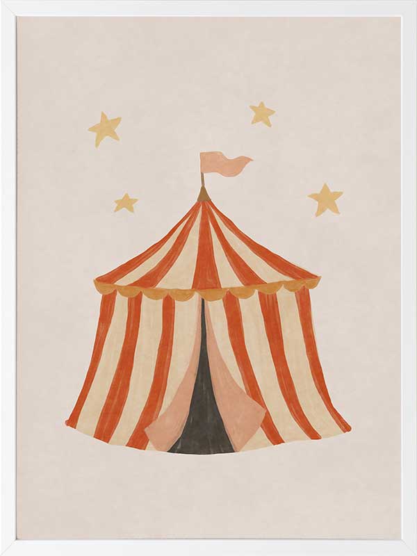 Striped circus tent with stars and a little flag rendered in soft neutral orange tones, from the Little Tails Collection by Urban Road.
