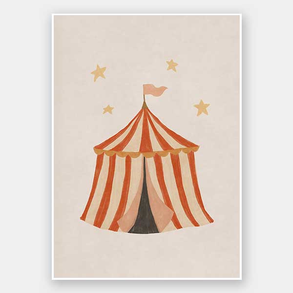 Striped circus tent with stars and a little flag rendered in soft neutral orange tones, from the Little Tails Collection by Urban Road.