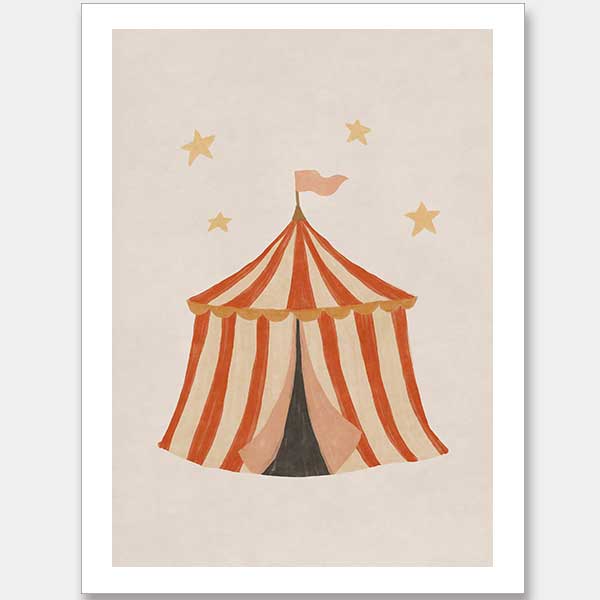 Striped circus tent with stars and a little flag rendered in soft neutral orange tones, from the Little Tails Collection by Urban Road.