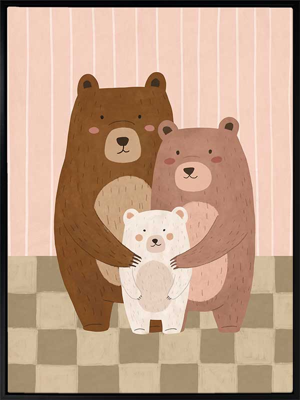 Three cuddly bears snuggling together on a striped and checked backdrop in pink and brown, from the Little Tails Collection by Urban Road.
