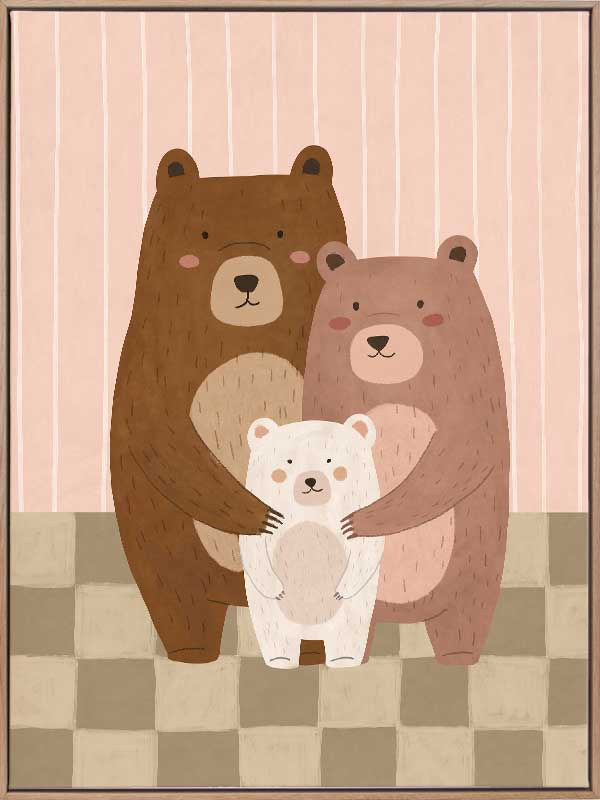Three cuddly bears snuggling together on a striped and checked backdrop in pink and brown, from the Little Tails Collection by Urban Road.