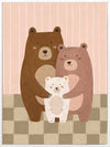 Three cuddly bears snuggling together on a striped and checked backdrop in pink and brown, from the Little Tails Collection by Urban Road.