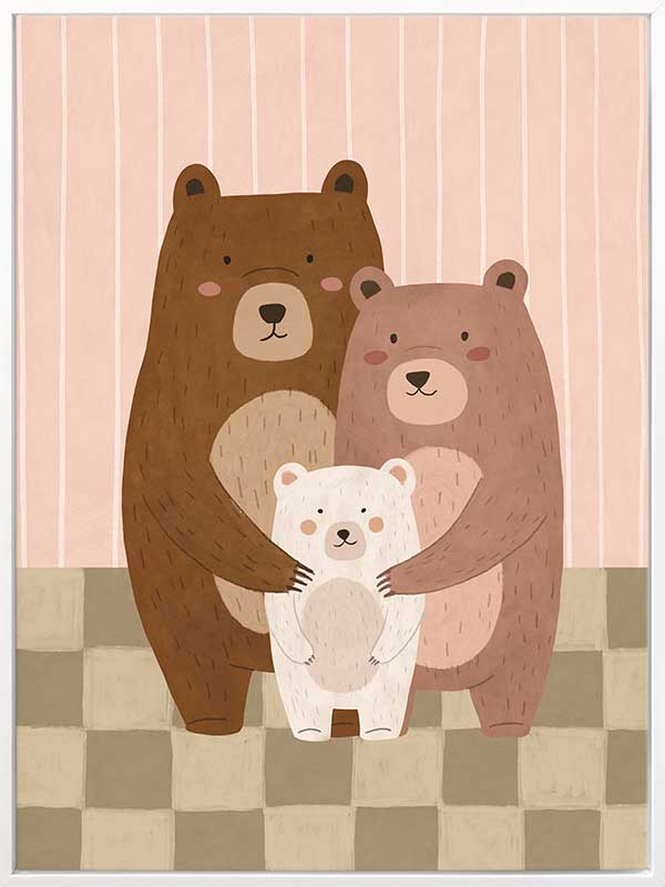 Three cuddly bears snuggling together on a striped and checked backdrop in pink and brown, from the Little Tails Collection by Urban Road.