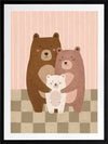 Three cuddly bears snuggling together on a striped and checked backdrop in pink and brown, from the Little Tails Collection by Urban Road.