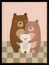 Three cuddly bears snuggling together on a striped and checked backdrop in pink and brown, from the Little Tails Collection by Urban Road.