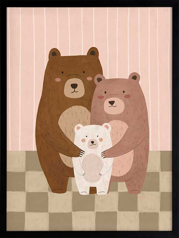 Three cuddly bears snuggling together on a striped and checked backdrop in pink and brown, from the Little Tails Collection by Urban Road.