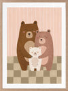 Three cuddly bears snuggling together on a striped and checked backdrop in pink and brown, from the Little Tails Collection by Urban Road.