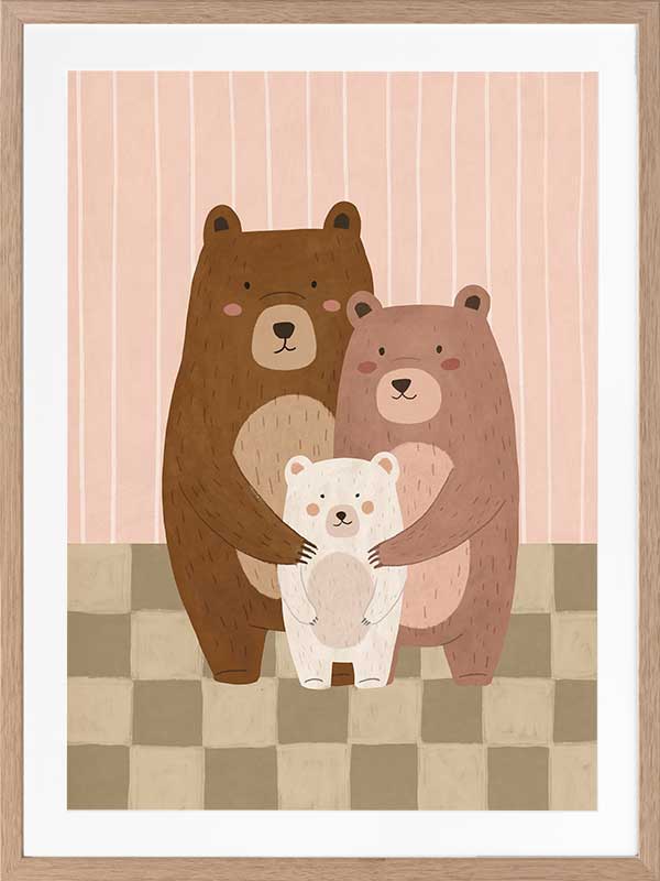 Three cuddly bears snuggling together on a striped and checked backdrop in pink and brown, from the Little Tails Collection by Urban Road.