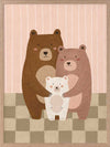 Three cuddly bears snuggling together on a striped and checked backdrop in pink and brown, from the Little Tails Collection by Urban Road.