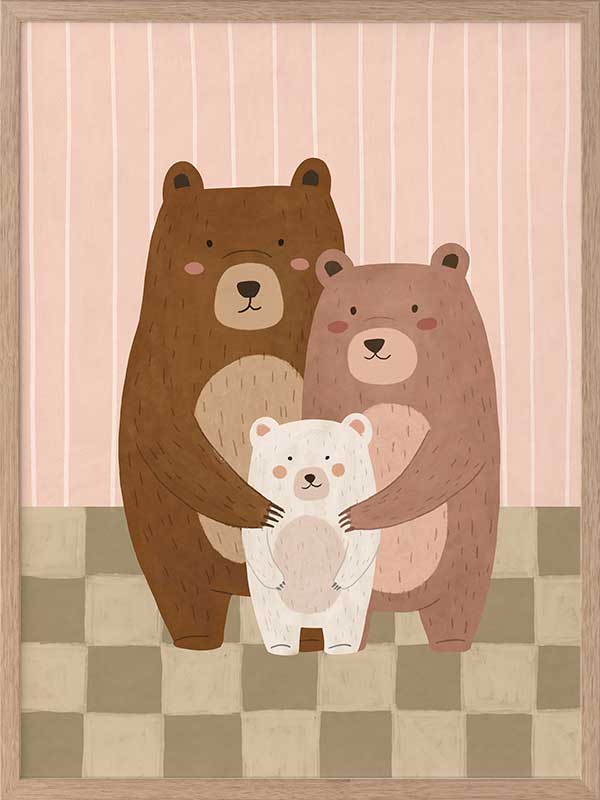 Three cuddly bears snuggling together on a striped and checked backdrop in pink and brown, from the Little Tails Collection by Urban Road.
