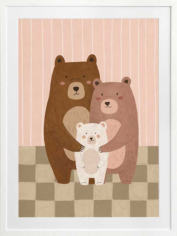 Three cuddly bears snuggling together on a striped and checked backdrop in pink and brown, from the Little Tails Collection by Urban Road.