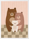 Three cuddly bears snuggling together on a striped and checked backdrop in pink and brown, from the Little Tails Collection by Urban Road.