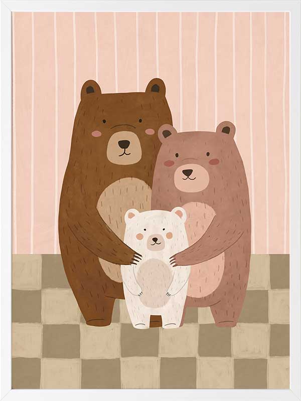 Three cuddly bears snuggling together on a striped and checked backdrop in pink and brown, from the Little Tails Collection by Urban Road.