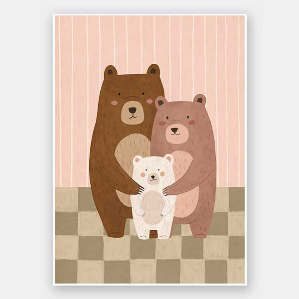 Three cuddly bears snuggling together on a striped and checked backdrop in pink and brown, from the Little Tails Collection by Urban Road.