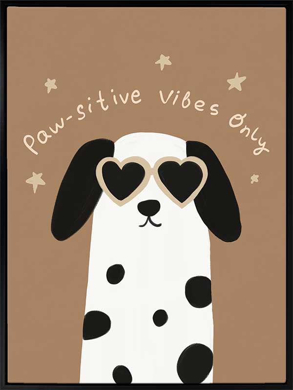 Smiling dalmatian pup with heart sunglasses and a “pawsitive vibes only” slogan on a warm brown background, from the Little Tails Collection by Urban Road.