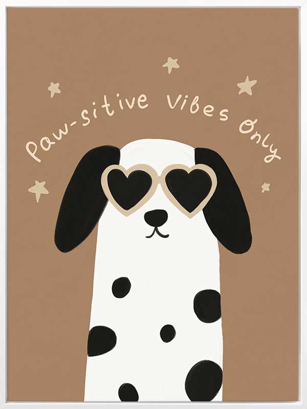 Smiling dalmatian pup with heart sunglasses and a “pawsitive vibes only” slogan on a warm brown background, from the Little Tails Collection by Urban Road.