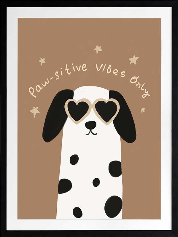 Smiling dalmatian pup with heart sunglasses and a “pawsitive vibes only” slogan on a warm brown background, from the Little Tails Collection by Urban Road.