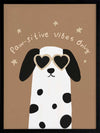 Smiling dalmatian pup with heart sunglasses and a “pawsitive vibes only” slogan on a warm brown background, from the Little Tails Collection by Urban Road.