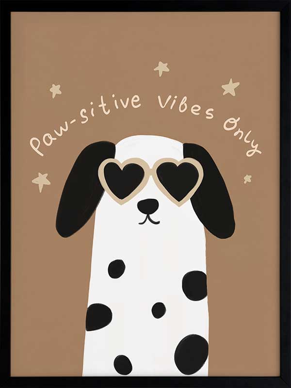 Smiling dalmatian pup with heart sunglasses and a “pawsitive vibes only” slogan on a warm brown background, from the Little Tails Collection by Urban Road.