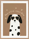 Smiling dalmatian pup with heart sunglasses and a “pawsitive vibes only” slogan on a warm brown background, from the Little Tails Collection by Urban Road.
