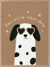 Smiling dalmatian pup with heart sunglasses and a “pawsitive vibes only” slogan on a warm brown background, from the Little Tails Collection by Urban Road.