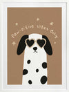 Smiling dalmatian pup with heart sunglasses and a “pawsitive vibes only” slogan on a warm brown background, from the Little Tails Collection by Urban Road.