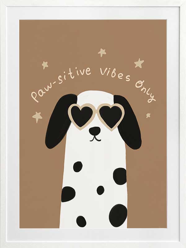 Smiling dalmatian pup with heart sunglasses and a “pawsitive vibes only” slogan on a warm brown background, from the Little Tails Collection by Urban Road.