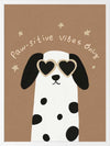 Smiling dalmatian pup with heart sunglasses and a “pawsitive vibes only” slogan on a warm brown background, from the Little Tails Collection by Urban Road.