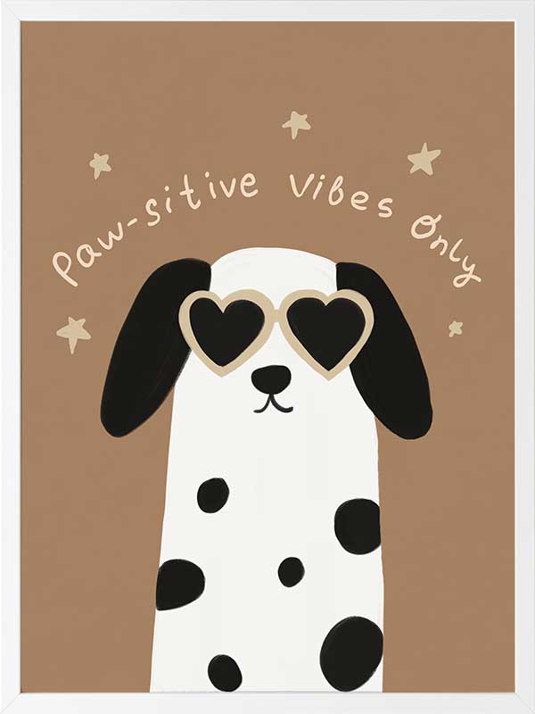 Smiling dalmatian pup with heart sunglasses and a “pawsitive vibes only” slogan on a warm brown background, from the Little Tails Collection by Urban Road.
