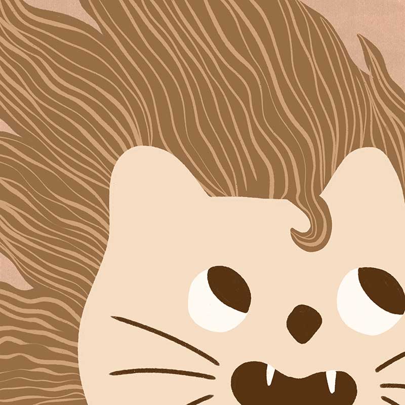 Close-up of a friendly lion with a flowing mane and playful roar in soft brown and pink tones, from the Little Tails Collection by Urban Road.