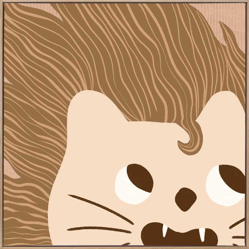 Close-up of a friendly lion with a flowing mane and playful roar in soft brown and pink tones, from the Little Tails Collection by Urban Road.