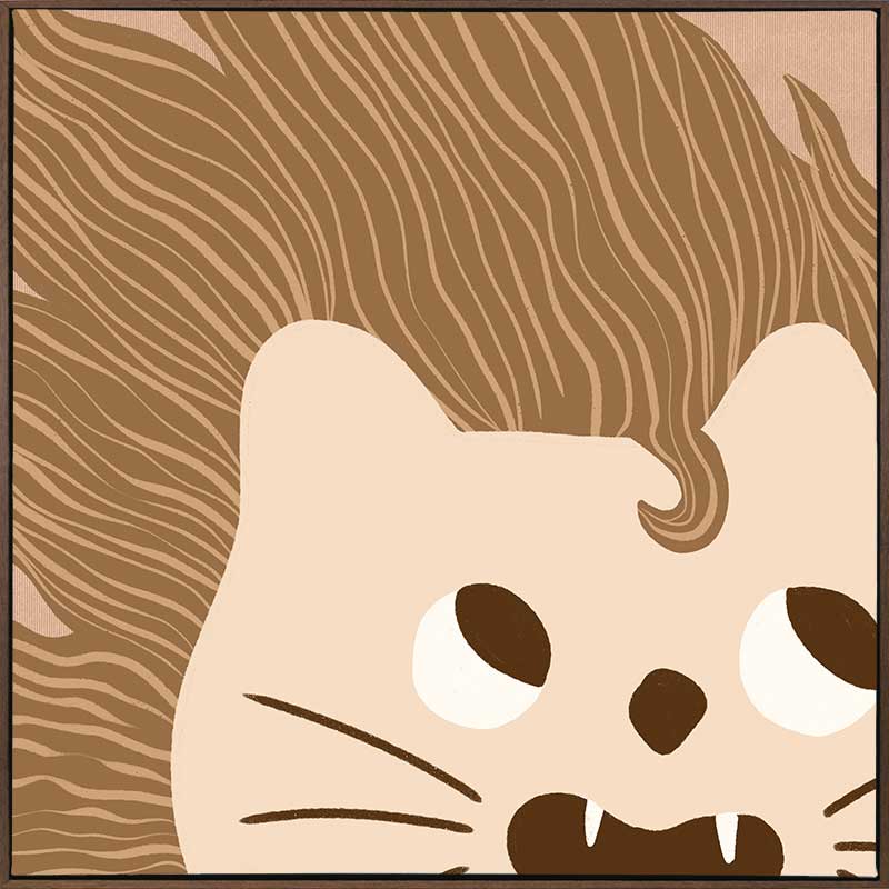 Close-up of a friendly lion with a flowing mane and playful roar in soft brown and pink tones, from the Little Tails Collection by Urban Road.