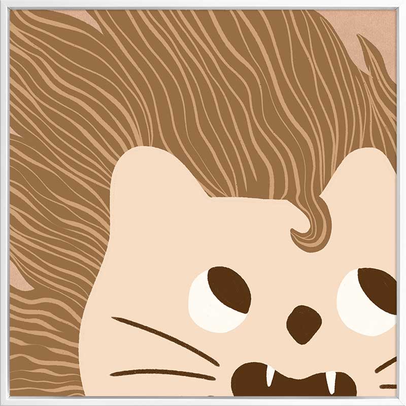 Close-up of a friendly lion with a flowing mane and playful roar in soft brown and pink tones, from the Little Tails Collection by Urban Road.