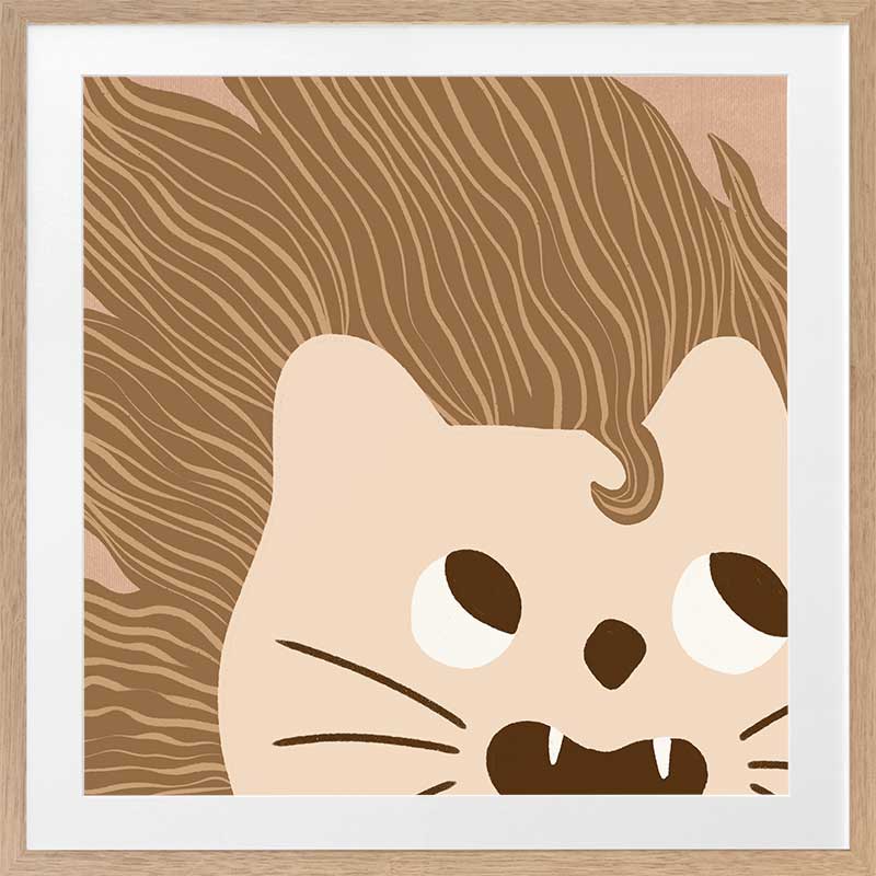 Close-up of a friendly lion with a flowing mane and playful roar in soft brown and pink tones, from the Little Tails Collection by Urban Road.