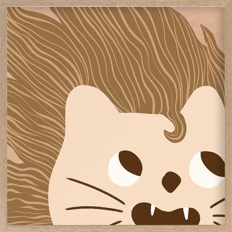 Close-up of a friendly lion with a flowing mane and playful roar in soft brown and pink tones, from the Little Tails Collection by Urban Road.