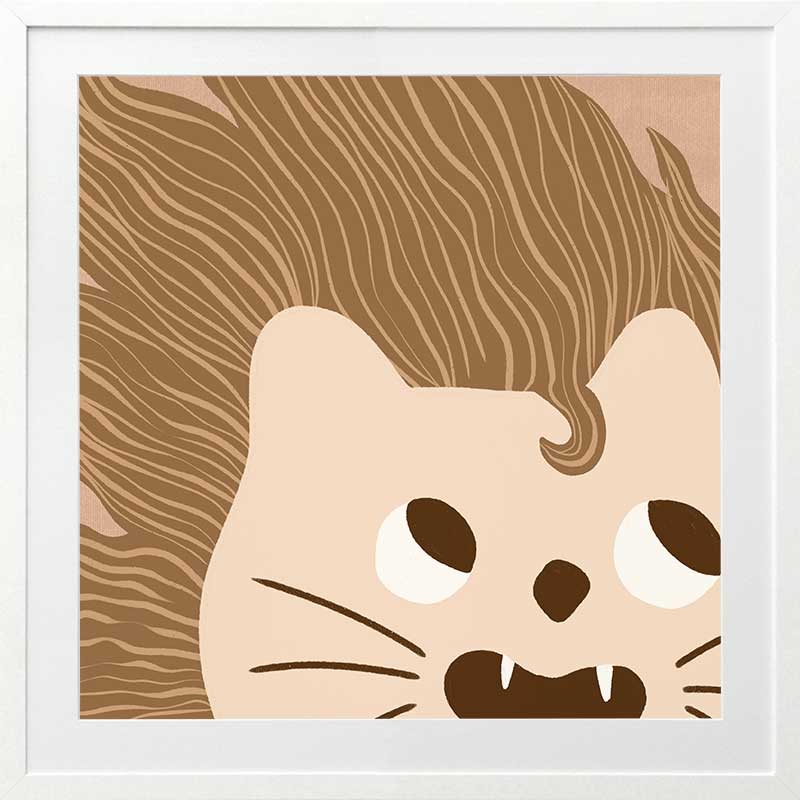 Close-up of a friendly lion with a flowing mane and playful roar in soft brown and pink tones, from the Little Tails Collection by Urban Road.