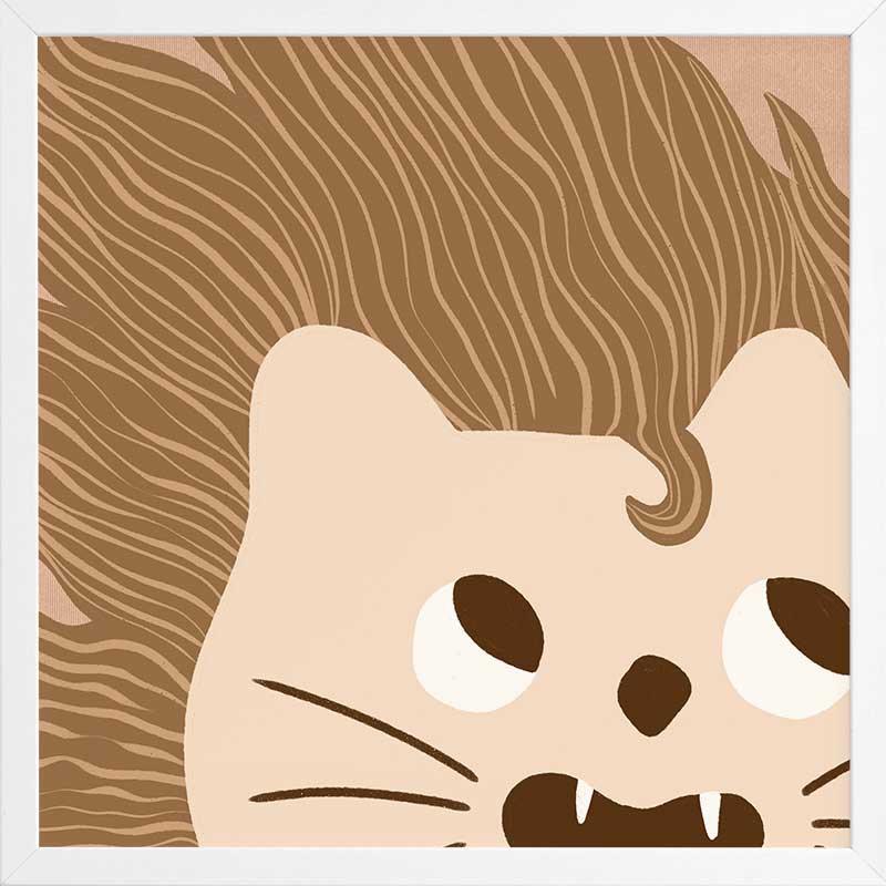 Close-up of a friendly lion with a flowing mane and playful roar in soft brown and pink tones, from the Little Tails Collection by Urban Road.