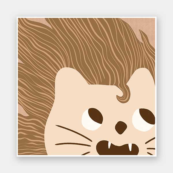 Close-up of a friendly lion with a flowing mane and playful roar in soft brown and pink tones, from the Little Tails Collection by Urban Road.