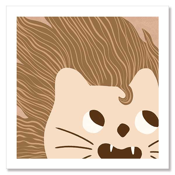 Close-up of a friendly lion with a flowing mane and playful roar in soft brown and pink tones, from the Little Tails Collection by Urban Road.