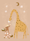 A tall giraffe and a tiny friend beneath the moon and stars in warm brown and yellow, from the Little Tails Collection by Urban Road.