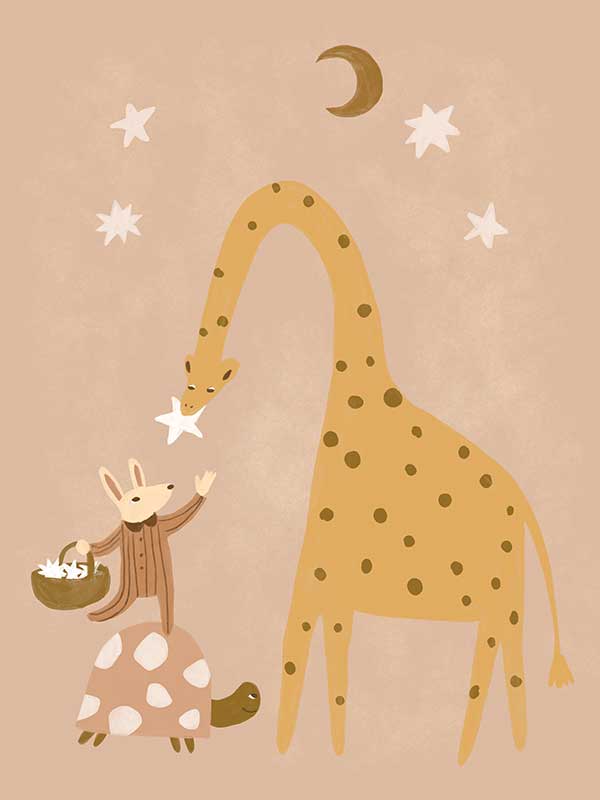 A tall giraffe and a tiny friend beneath the moon and stars in warm brown and yellow, from the Little Tails Collection by Urban Road.
