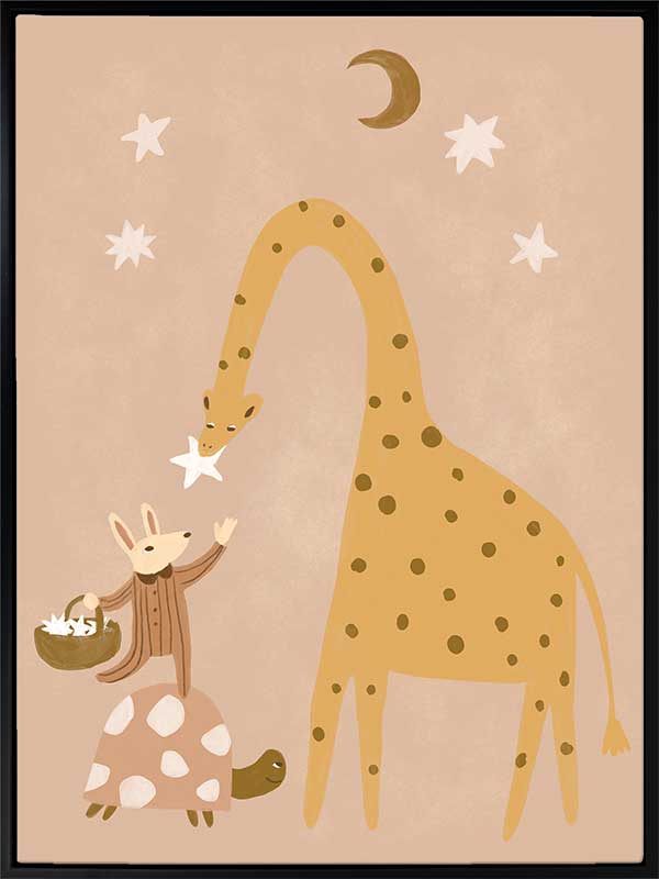 A tall giraffe and a tiny friend beneath the moon and stars in warm brown and yellow, from the Little Tails Collection by Urban Road.