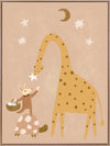 A tall giraffe and a tiny friend beneath the moon and stars in warm brown and yellow, from the Little Tails Collection by Urban Road.