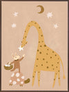 A tall giraffe and a tiny friend beneath the moon and stars in warm brown and yellow, from the Little Tails Collection by Urban Road.