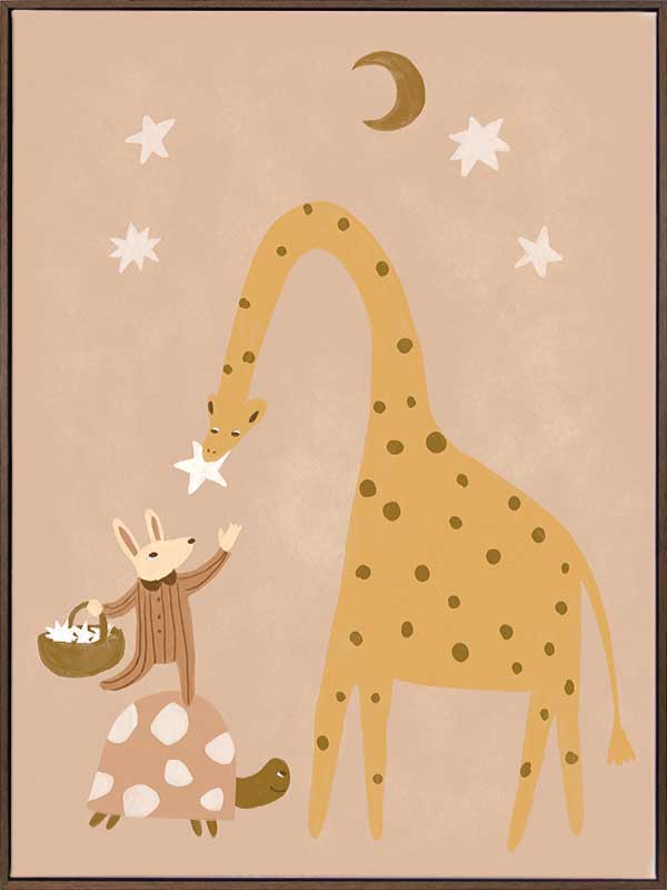 A tall giraffe and a tiny friend beneath the moon and stars in warm brown and yellow, from the Little Tails Collection by Urban Road.