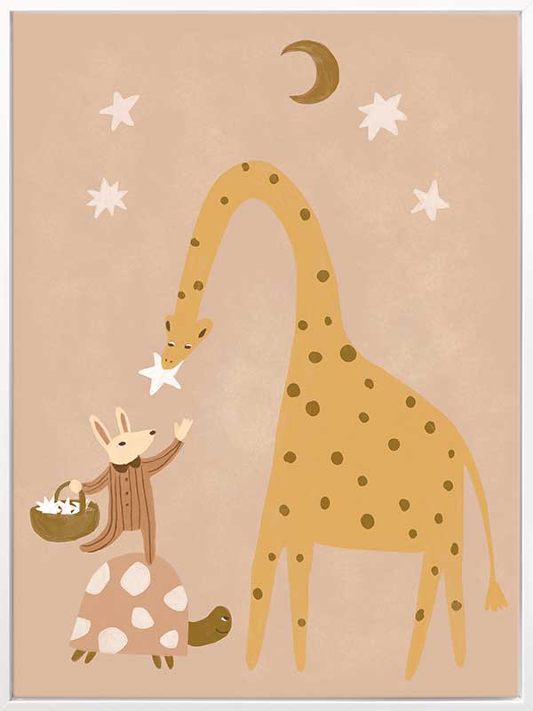 A tall giraffe and a tiny friend beneath the moon and stars in warm brown and yellow, from the Little Tails Collection by Urban Road.