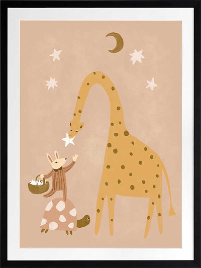 A tall giraffe and a tiny friend beneath the moon and stars in warm brown and yellow, from the Little Tails Collection by Urban Road.
