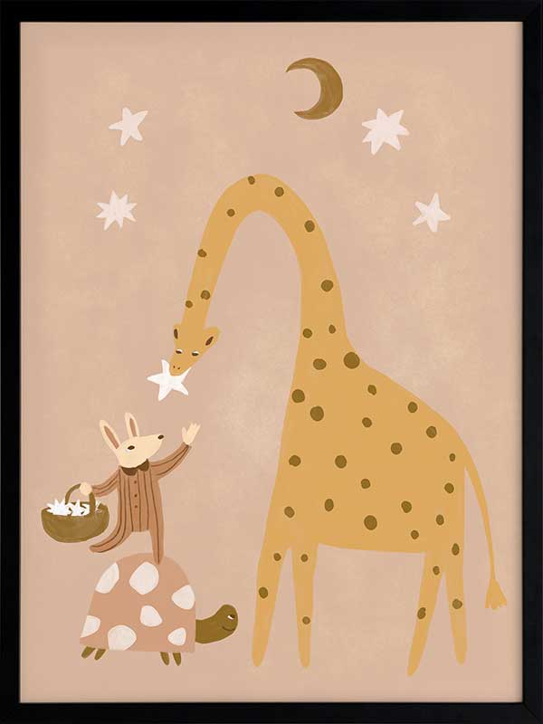 A tall giraffe and a tiny friend beneath the moon and stars in warm brown and yellow, from the Little Tails Collection by Urban Road.